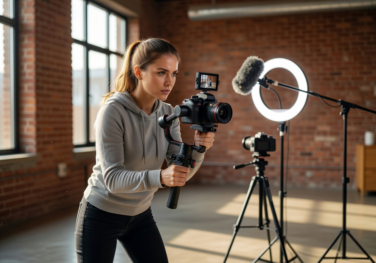 Content creator filming social media video