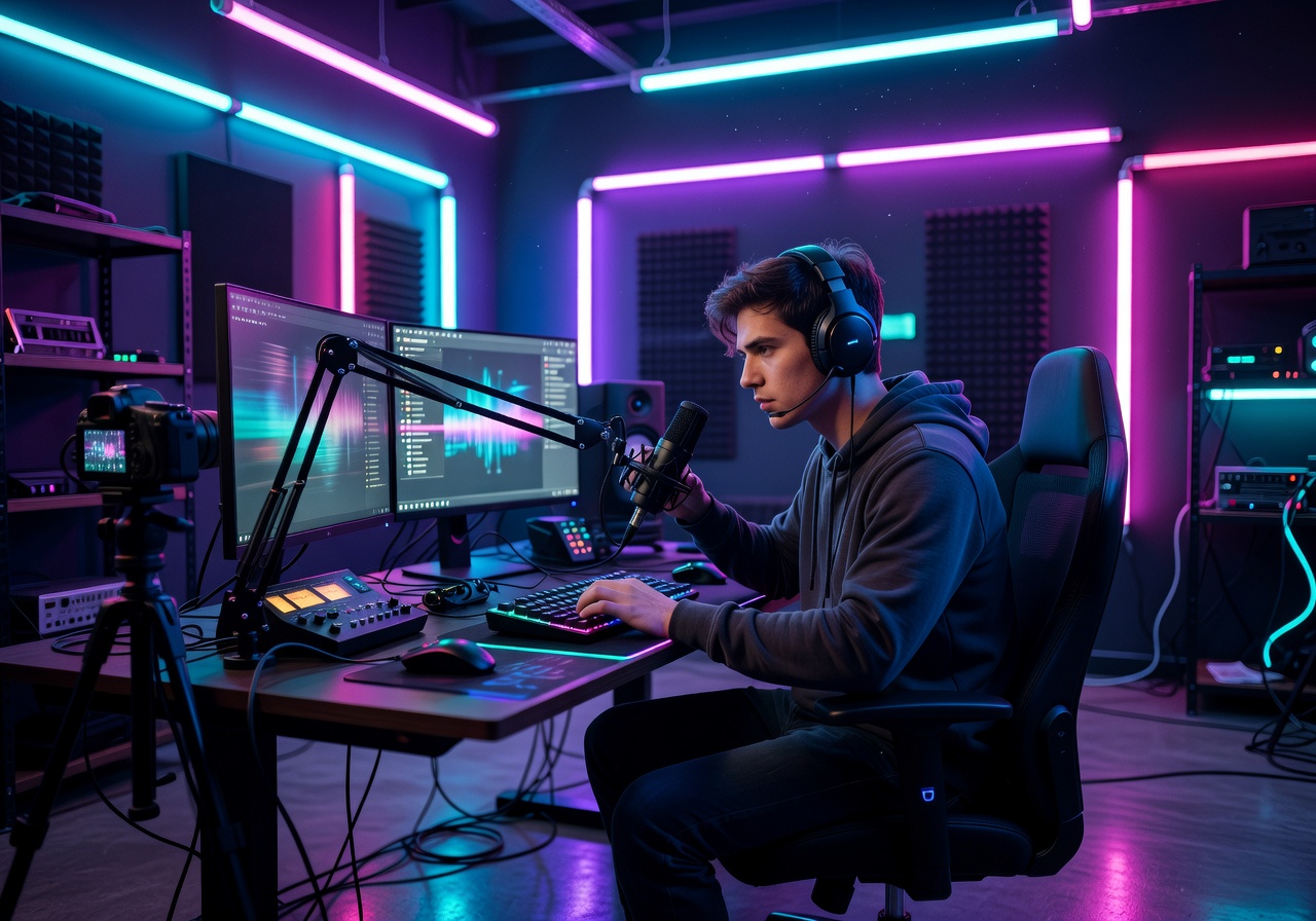 Live streamer broadcasting in neon studio