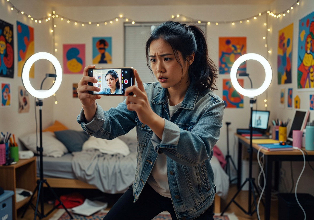TikTok creator filming viral video on smartphone